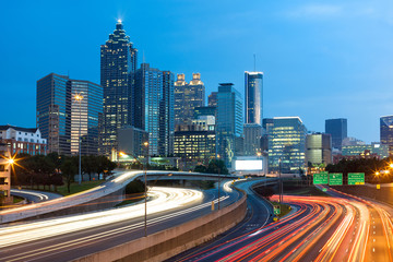 Blurred car lights on the freeway at downtown Atlanta; Georgia; USA
