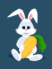 Cute cartoon White Rabbit sitting and holding a large carrot  in his hand.  Happy Easter Bunny for card, posters, banners. Vector illustration.