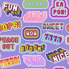 Seamless pattern with patches, stickers, badges, pins with words 