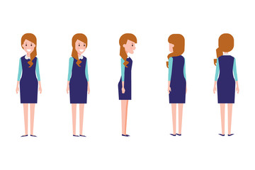 Obraz premium Pretty girl for animation. Front, side, back, 3/4 view character. Separate parts of body. Cartoon style, flat vector illustration.