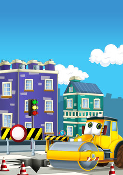 Cartoon road roller truck in the city - illustration for children © honeyflavour