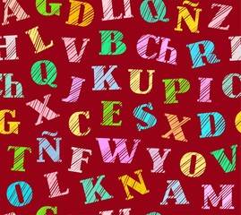 Spanish alphabet, seamless pattern, shading, pencil, red, color, vector. Spanish alphabet. Shading with colored pencils on a dark red field. Imitation. Vector decorative background.  