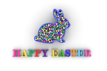 3d rendering Happy Easter title, with rabbit and multicolored eggs on white background