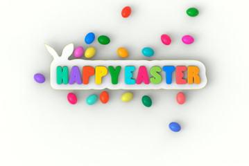 3d rendering Happy Easter title, with rabbit and multicolored eggs on white background