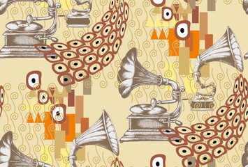 Seamless pattern. Decorative composition with Gramophone. engraving style