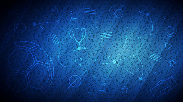 Blue soccer background with different icons and football players pattern
