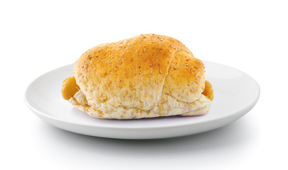 Whole wheat bread and Sausage in plate isolated on a white background