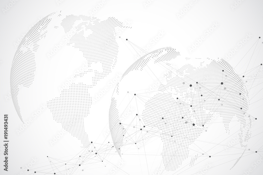 Aufkleber Global network with world map. Abstract vector infinite space background. Perspective backdrop. Digital data visualization. Vector illustration.