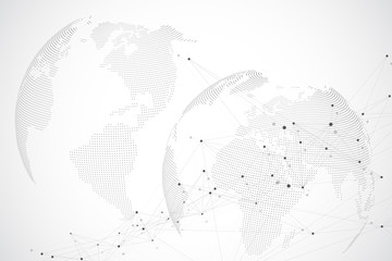 Global network with world map. Abstract vector infinite space background. Perspective backdrop. Digital data visualization. Vector illustration.