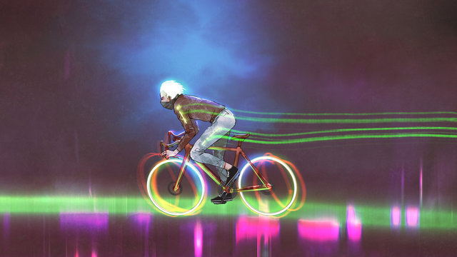 man riding a mountain bike with neon lights on wheels at night, digital art style, illustration painting