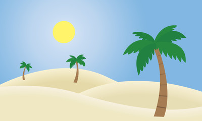 Fototapeta na wymiar Vector illustration of a sandy desert with dunes and palms