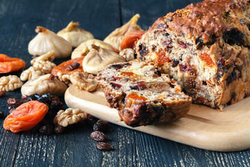 Close up view of fresh fruit cake, traditional stollen