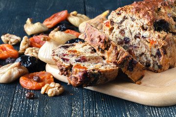 Close up view of fresh fruit cake, traditional stollen