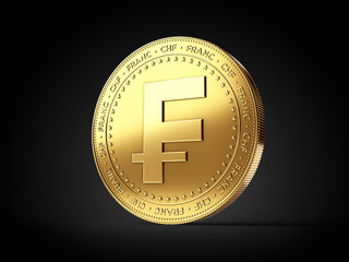 Franc (CHF) sign on golden coin isolated on black background. Realistic 3D rendering