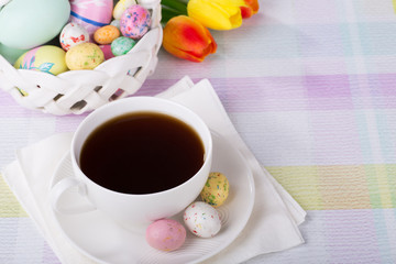 Above Angle View of a Cup of Coffee and Easter Treats