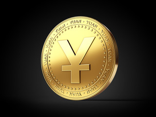 Dollar sign on golden coin isolated on black background. Realistic 3D rendering