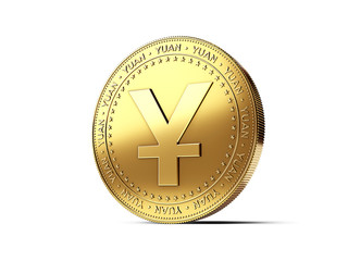Yuan sign on golden coin. Photo realistic 3D rendering isolated on white background