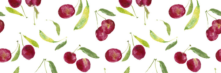 Seamless cherry pattern, ripe wine-colored watercolor cherries, cherry pattern with natural watercolor illustration and art for craft label design, bright vegetarian banners, juices bar.