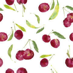 Seamless cherry pattern, ripe wine-colored watercolor cherries, cherry pattern with natural watercolor illustration and art for craft label design, bright vegetarian banners, juices bar.