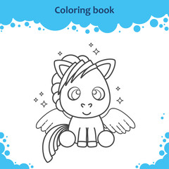 Coloring book page for kids. Color the cute cartoon pegasus.