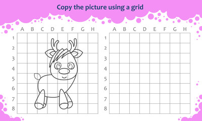 Copy the picture using a grid. Educational game for children. How to draw cute cartoon reindeer