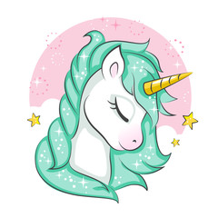 Cute magical unicorn. Vector design isolated on white background. Print for t-shirt or sticker. Romantic hand drawing illustration for children.