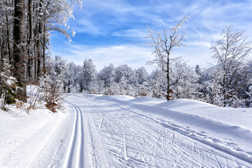 Winter mountain landscape. Trail to cross-country skiing on a mountain road,  trees covered with hoarfrost and snow, blue sky with white clouds.