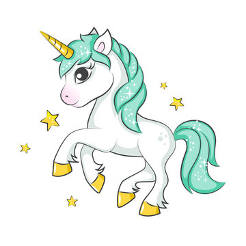 Cute magical unicorn. Vector design isolated on white background. Print for t-shirt or sticker. Romantic hand drawing illustration for children.