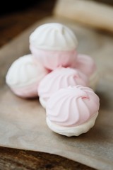 Fototapeta na wymiar Delicious marshmallow with strawberry creamy taste on the table 