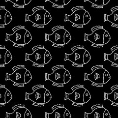 Sweet cartoon fish pattern with hand drawn funny fish. Cute vector black and white fish pattern. Seamless monochrome fish pattern for fabric, wallpapers, wrapping paper, cards and web backgrounds.