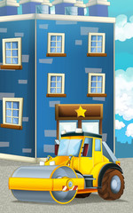Cartoon road roller truck in the city - illustration for children