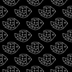 Fototapeta premium Sweet cartoon fish pattern with hand drawn funny fish. Cute vector black and white fish pattern. Seamless monochrome fish pattern for fabric, wallpapers, wrapping paper, cards and web backgrounds.