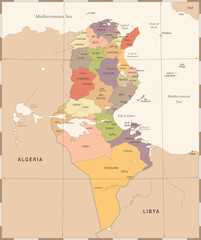 Tunisia Map - Vintage Detailed Vector Illustration