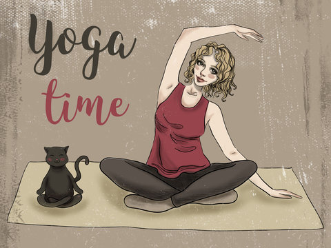 The girl and her cat are doing yoga. Cute card