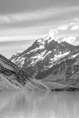 (monotone)Mount Cook landscape reflection on lake, the highest mountain in New Zealand and popular travel destination. The mountain is in Aoraki Mount Cook National Park in South Island of New Zealand