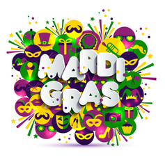 Illustration of Carnival Mardi gras on multicolors watercolor icons,colors of the Mardi Gras. Text of paper style.
