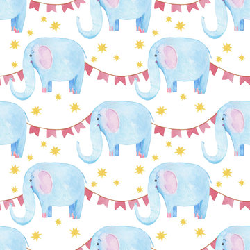 Cute elephant pattern. Seamless watercolor background with blue elephant cartoon character. Minimal baby or children print design. Girl nursery.