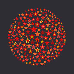 Ball consisting of Red and gold five pointed stars with sickle and hammer on grey background. Symbols and signs of socialism and communism, revolution stars. Abstract pattern, design template. Vector