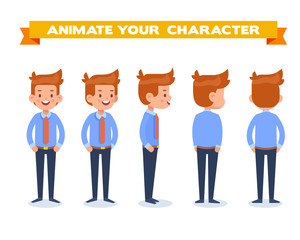 Manager man for animation. Front, side, back, 3/4 view character. Separate parts of body. Cartoon style, flat vector illustration.