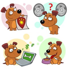 Twelfth set of icons design with dogs. Illustration of a dog holding a coat of arms, sitting with a laptop, thinking about parents, going to eat with a fork and knife.