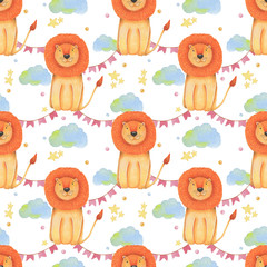 Watercolor pattern animal cute lion on a white background, star, garland, clouds. Hand draw illustration.