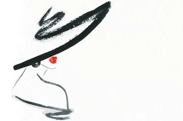 Papier Peint photo Visage aquarelle Femme abstraite avec chapeau. Illustration de mode.