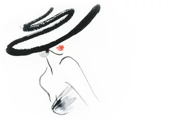Papier Peint photo autocollant Visage aquarelle Femme abstraite avec chapeau. Illustration de mode.
