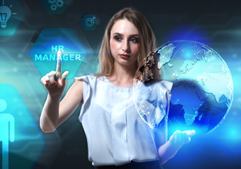 The concept of business, technology, the Internet and the network. A young entrepreneur working on a virtual screen of the future and sees the inscription: HR manager