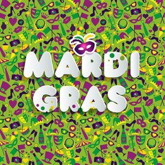 Bright illustration on seamless texture and sign Mardi gras. Carnival, paper style text.