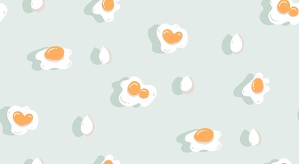 Hand drawn vector abstract modern cartoon cooking time fun illustrations icons seamless pattern with eggs and yolk isolated on blue background