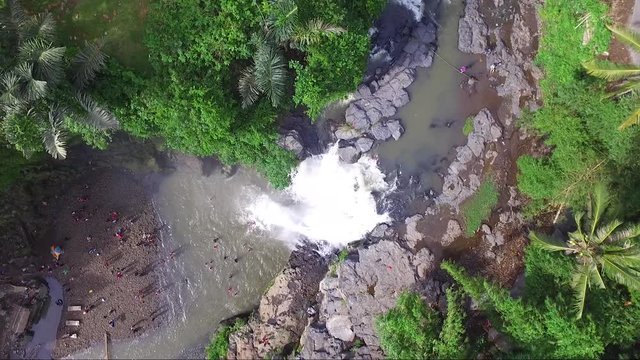Rising birds eye view of waterfall tourist spot in Indonesia