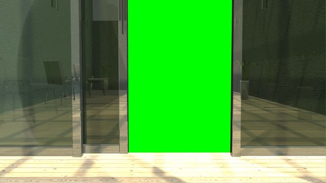 Apertura chiusura porta scorrevole in vetro su sfondo chroma key