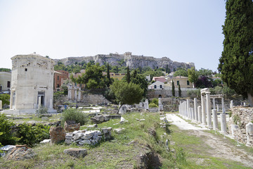 Remains of Hadrian's Library in the old town of Athens, Greece