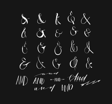 Hand drawn vector graphic drawing big collection of ampersands and catchwords isolated on black background.Great vector design set for wedding invitations, save the date cards and other stationary